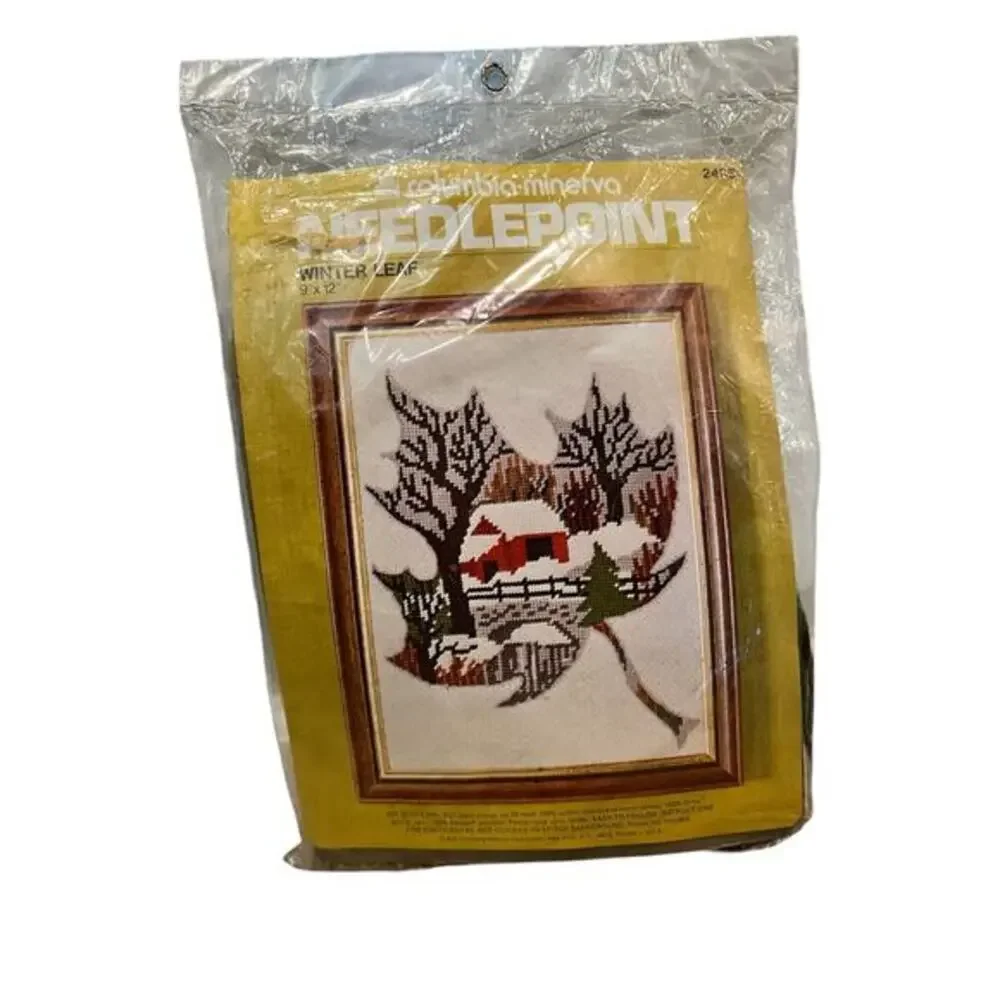 Vintage Winter Leaf Needlepoint Kit 9 x 12 Columbia Minerva 1976 style 2435